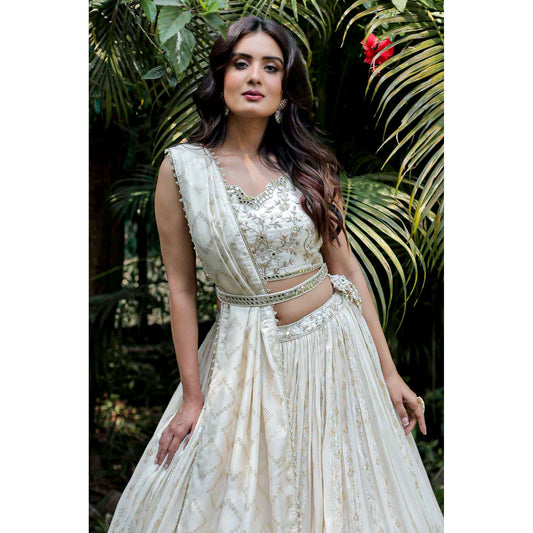 Ivory And Gold Chanderi Lehenga Set