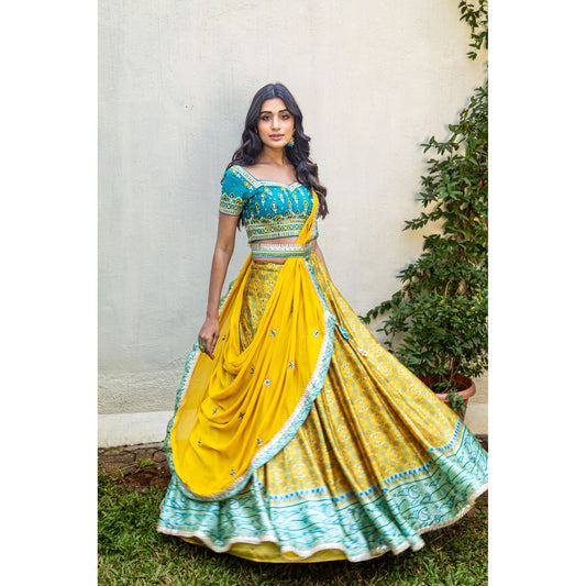 Mustard And Turquoise Printed Lehenga Set