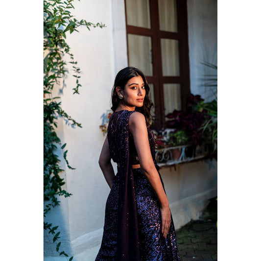Deep Wine Sequinned Drape Lehenga Saree