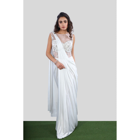 Ivory Shimmer Draped Saree Gown