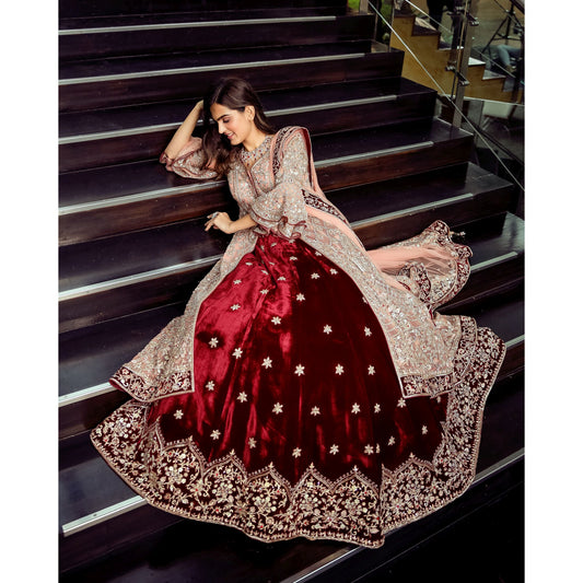 Peach And Maroon Anarkali Lehenga