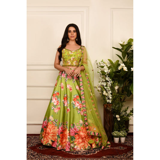 Lime Green Floral Print Lehenga Set