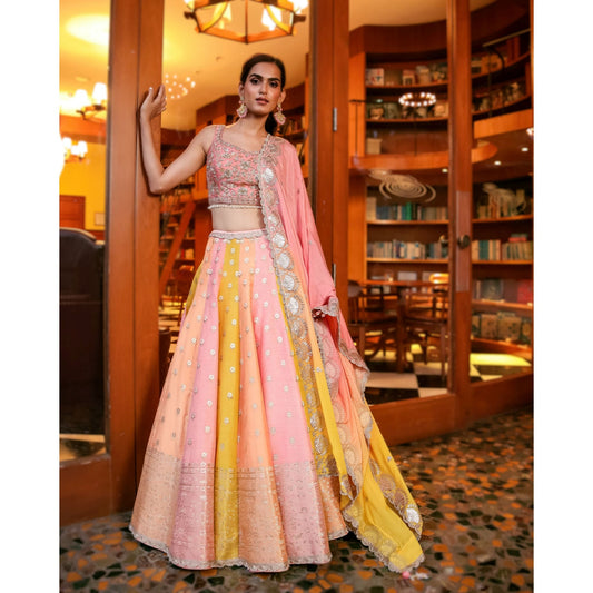 Yellow Peach Pink Benarasi Lehenga Set