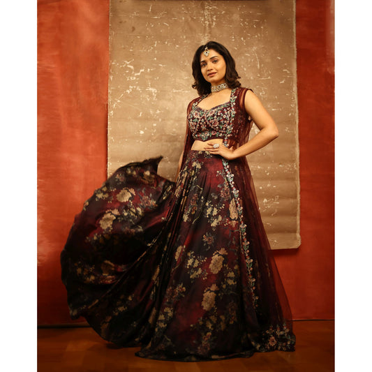 Hruta - Burgundy Floral Lehenga Jacket Set