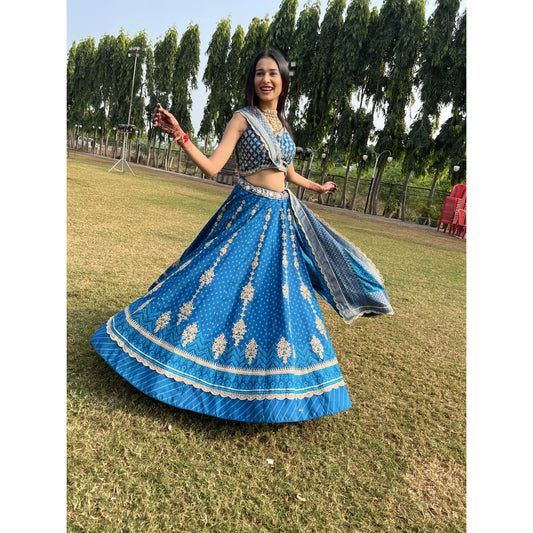 Aneri Vajani - Peacock Blue Bandhani Lehenga Set