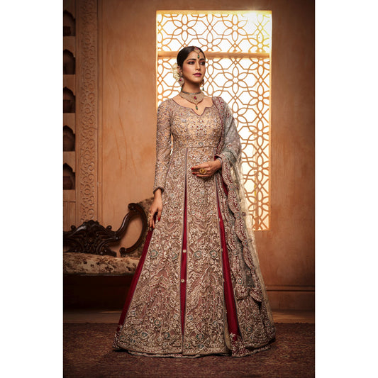 Gold And Maroon Mughal Anarkali Lehenga Set