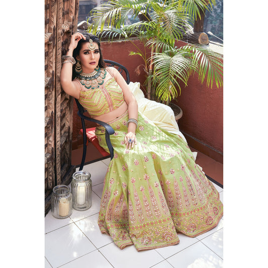 Mansi Srivastava - Lime Green Mirrorwork Lehenga Set