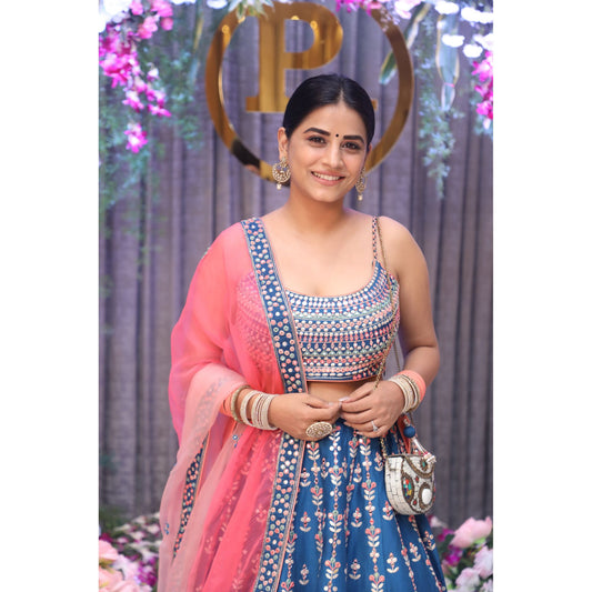 Bhumika Gurung - Teal Blue Mirrorwork Lehenga Set