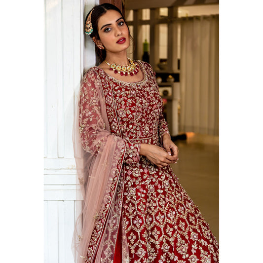 Deep Red And Gold Applique Bridal Anarkali Set
