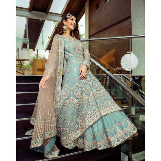 Sky Blue Persian Anarkali Lehenga
