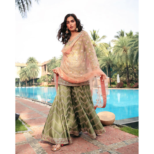 Olive Peach Zardozi Sharara Set