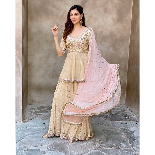 Simran Kaur - Fawn Peach Mukaish Sharara Set
