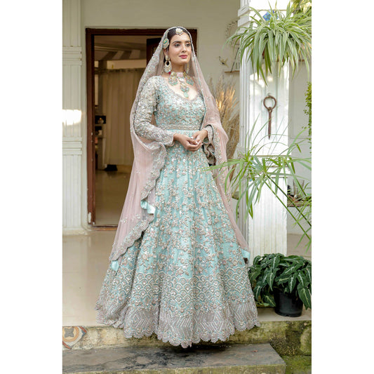 Sky Blue Champagne Bridal Anarkali Set