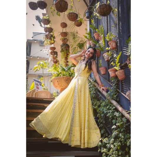 Yellow Lucknowi Anarkali Lehenga Set