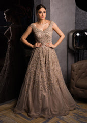 Beige Gold Floral Shimmer Gown