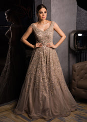 Beige Gold Floral Shimmer Gown