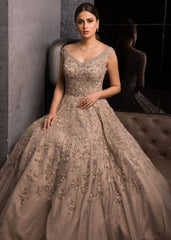 Beige Gold Floral Shimmer Gown