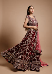 Maroon Wine Velvet Lehenga Set