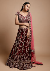 Maroon Wine Velvet Lehenga Set