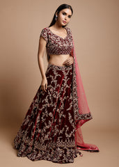 Maroon Wine Velvet Lehenga Set