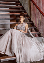 Butter Cream Feathered Shimmer Net Gown