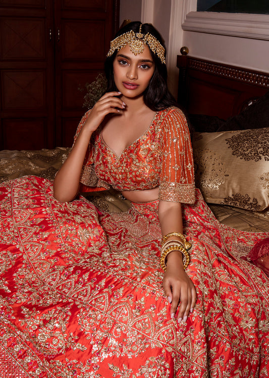 Vermillion Orange Intricate Mughal Embroidered Lehenga Set