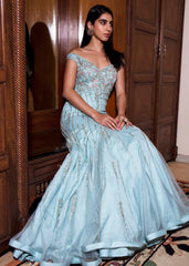 Aqua Blue Embroidered Flared Off-Shoulder Net Gown