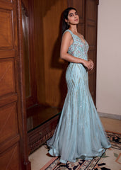 Aqua Blue Embroidered Flared Off-Shoulder Net Gown