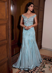 Aqua Blue Embroidered Flared Off-Shoulder Net Gown