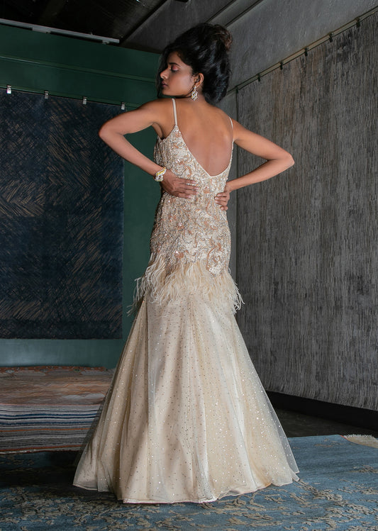 Butter Cream Feathered Shimmer Net Gown