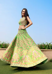 Parrot Green One Shoulder Mirror And Resham Lehenga Set