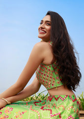 Parrot Green One Shoulder Mirror And Resham Lehenga Set