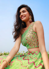 Parrot Green One Shoulder Mirror And Resham Lehenga Set