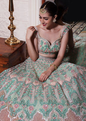 Mint Green And Peach Mughal Motifs Embroidered Lehenga Set