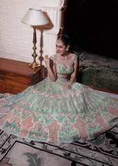Mint Green And Peach Mughal Motifs Embroidered Lehenga Set