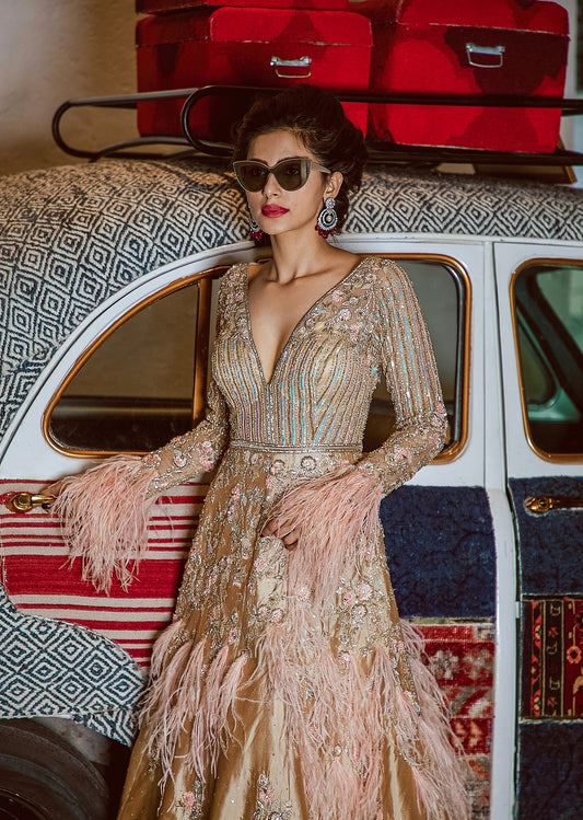 Gold Zardozi And Feathers Silk Gown
