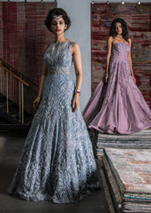 Blue - Grey Organza Embellished Gown