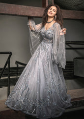 Stone Grey Cape Sleeves Gown