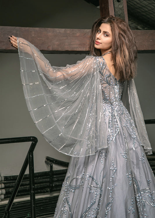 Stone Grey Cape Sleeves Gown Jiya by Veer Design Studio Stone Grey Cape Sleeves Gown Jiya by Veer Design Studio