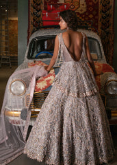 Grey Crystal Studded Peplum Lehenga-Gown