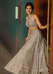 Grey And Pink Mughal Floral Lehenga