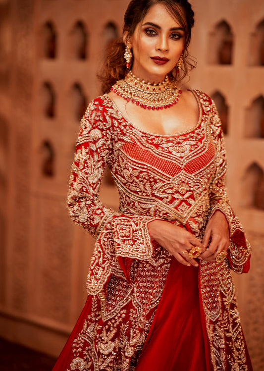 Deep Red And Gold Mughal Flared Anarkali Lehenga