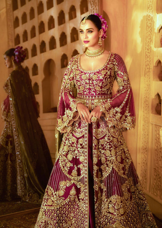 Magenta And Gold Mughal Anarkali Lehenga Set