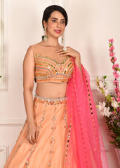 Peach And Pink Abstract Lehenga Set