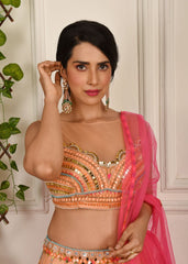 Peach And Pink Abstract Lehenga Set