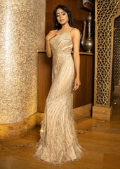 Beige Gold Abstract Mermaid Gown