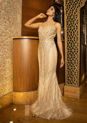 Beige Gold Abstract Mermaid Gown