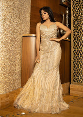 Beige Gold Abstract Mermaid Gown