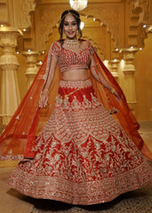 Minal - Vermillion Red And Gold Lehenga Set