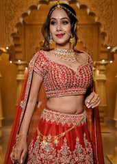 Minal - Vermillion Red And Gold Lehenga Set